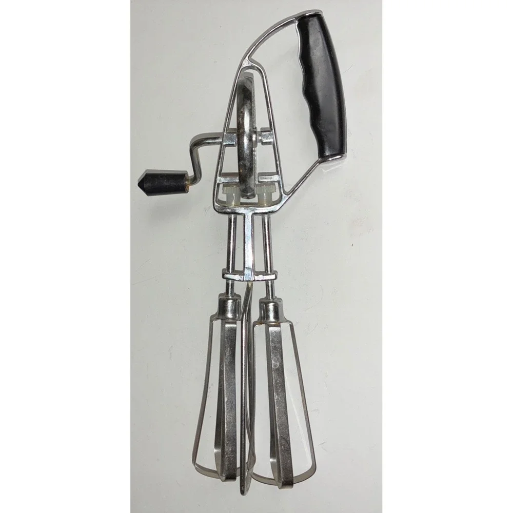 Egg Beater Hand Held Crank Mixer Stainless Steel‎ Black Side Handle Vintage